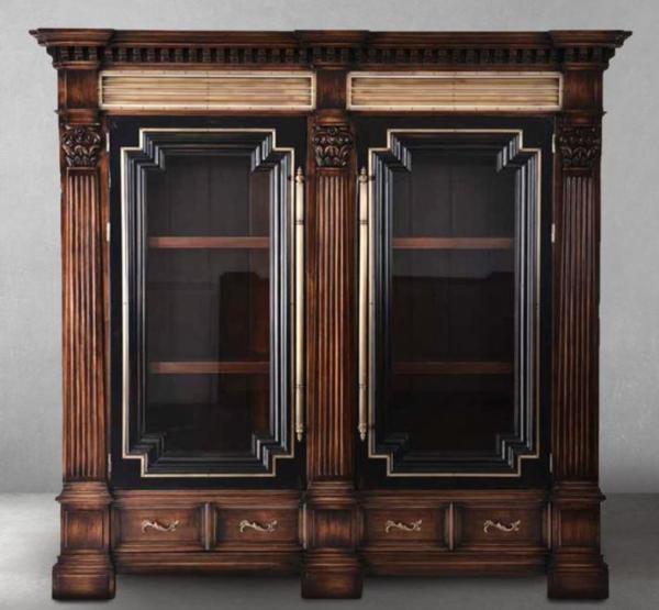 Casa Padrino Luxus Vintage Stil Vitrine Braun / Naturfarben / Schwarz 226 x 56,5 x H. 216 cm - Massivholz Vitrinenschrank mit 2 Türen und 4 Schubladen - Vintage Stil Möbel - Luxus Möbel