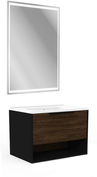 FACKELMANN B.PARIS Waschtisch Set mit Spiegel 70 cm breit, Braun dunkel/Schwarz, Waschbecken Gussmarmor Weiß