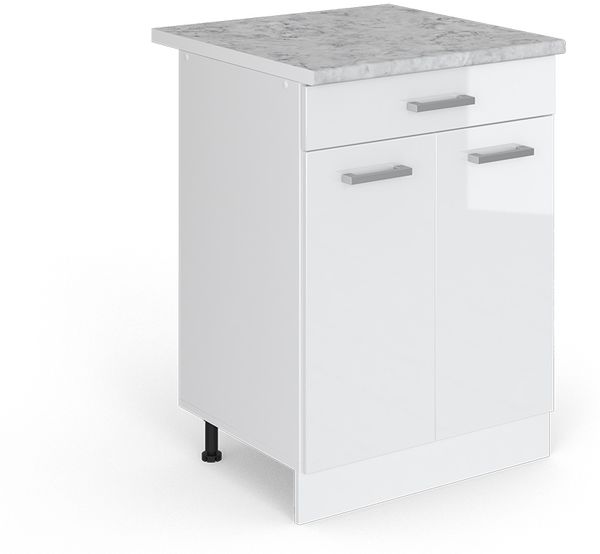 Küchenunterschrank R-Line Weiß Hochglanz 60 cm mit Schublade, AP Marmor Vicco