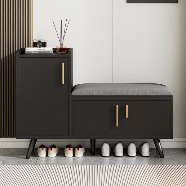 Refined Living Schuhbank Schuhbank Schuhtruhe Sitzbank mit drei Stauraumtüren,Sitzbank Flur (Maße: B100/T34/H69 cm,Schuhbank mit Stauraum, Sitzbank mit Polster, Flurmöbel Sitzbank, Schuhschrank Holz Metall, Garderobenbank, Schuhregal mit Sitzbank, Mit ...