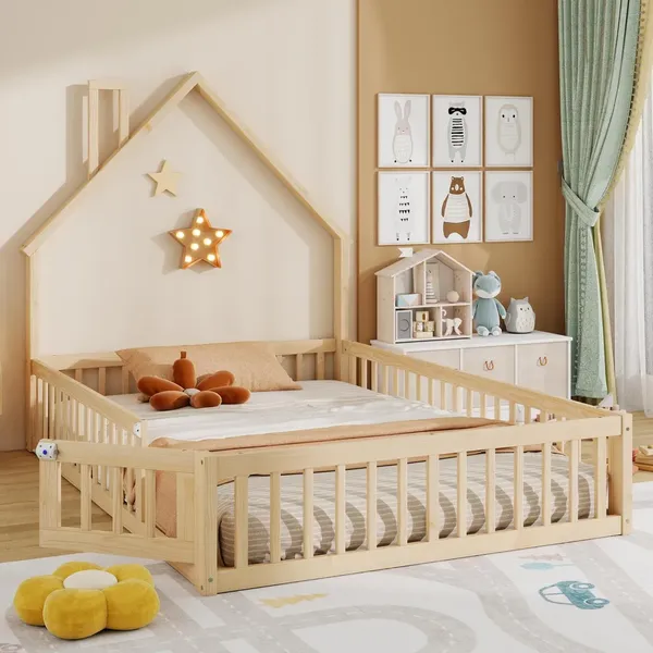Hausbett mit Lattenrost und Rausfallschutz, 140x200 cm, Kinderbett, Jugendbett, Kiefer