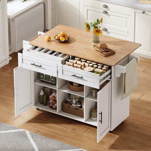 Merax 145 cm Kücheninsel, multifunktionale mobile Kücheninsel mit klappbarer Arbeitsplatte, verstellbaren Regalen, 5 Rollen, verdeckter Besteckschublade, Weiß