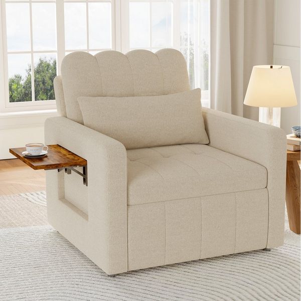 FUROKOY Schlafsofa Daybett 2-in-1 Sofabett Einzelbett, Set 1 Teile, mit1 Kissen,1 Seitentasche,1 Getränkehalter,Ausziehbett,Chenille,Beige