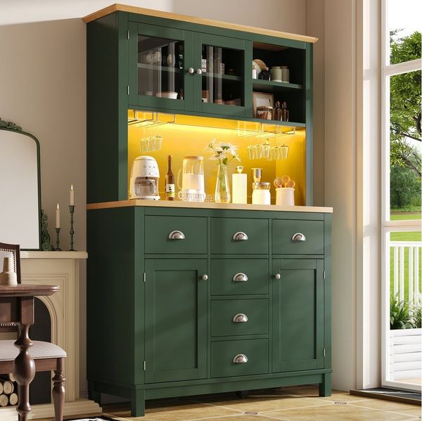 Flieks Küchenbuffet mit Arbeitsplatte in Holzoptik Natur & LED-Beleuchtung in Retro-Stil (1-St, B104/T40/H180 cm) Hochschrank Küchenschrank mit Gläserhalter, Schubladen und Glastüren