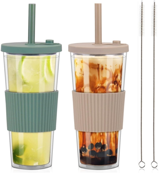 Bubble Tea Becher 24oz mit Deckel Strohhalm Grün Kaffee 2er Set