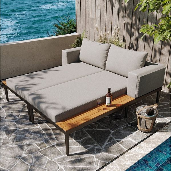 Merax Loungebett, Gartenmöbel Liegestuhl Schlafsofa Loungesessel, 150 x 140 x 55 cm 2 Teile, Loungesessel mit Stahlrahmen und Kissen, Doppelliege Gartenliege