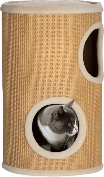 PawHut Kratztonne 60 cm, mit 2 Höhle, Katzenturm aus Sisal, (Katzenmöbel, 1-tlg, Kratzturm), für Katze bis 5 kg, Braun