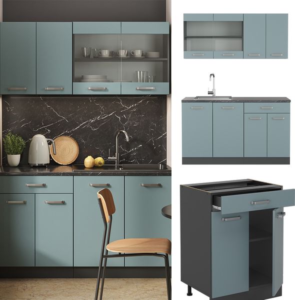 Singleküche R-Line Blau-Grau/Anthrazit 140 cm ohne Arbeitsplatte Vicco Bild 2