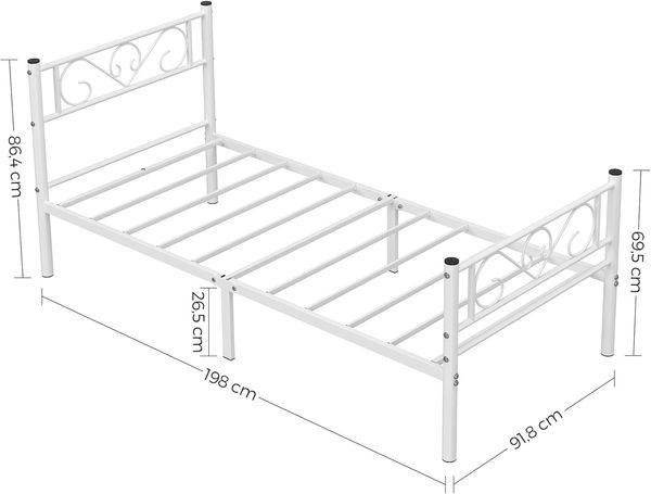 VASAGLE Einzelbettgestell, Bettrahmen, Bettgestell aus Metall, passend für 90 x 190 cm Matratze, Gästebett, für Erwachsene, Kinder, einfache Montage, für kleine Räume, Weiß von SONGMICS RMB061W01 Bild 5