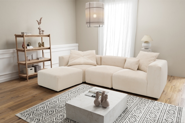 DOMO. collection Ecksofa 800011, Modul-Couch in L-Form, individuell kombinierbar, Cord Sofa, Polsterecke, Eckcouch, Polstergarnitur 301 x 193 x 69 (BxTxH), creme