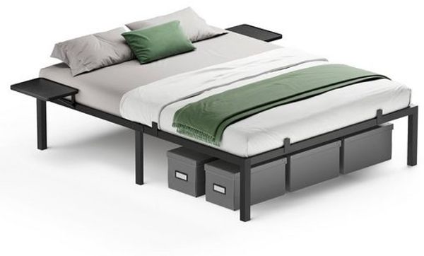 Vasagle Metallbett mit Aufbewahrungsregalen, Metall schwarz, 160x200 cm