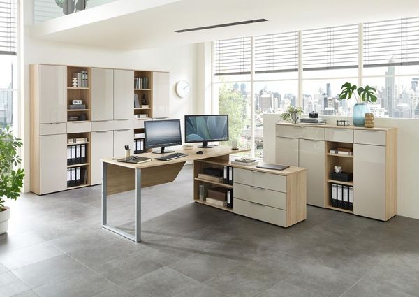 Komplettbüro SANTORIN II Riva Eiche & Glas Cashmere 9-teilig