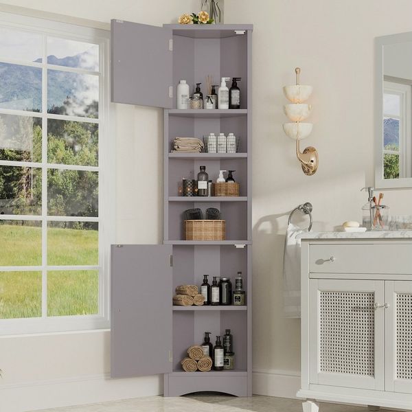 Flieks Badkommode Eckschrank mit 6 Fächern Hochschrank (mit verstellbaren Einlegeböden und silberner Metallgriff, 1 St, B37/T24,5/H170 cm), Dreieckiger Badezimmerschrank Holzschrank mit 2 Türen, 6 Ebenen