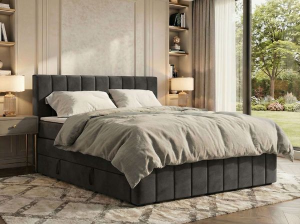 Doppelbett, Boxspringbett mit Stauraum ALVER KING DUO, Polsterbett mit 7-Zonen-Multipocket-Kern H4, Topper Visco, Boxspringbett mit 2 Bettkästen - Dunkelgrau Velvet