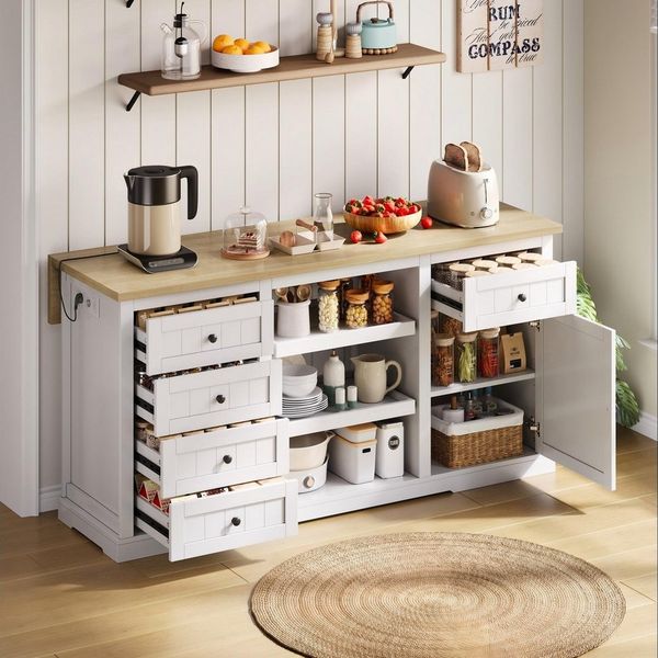 Flieks Küchenbuffet Kücheninsel mit Steckdosen und erweiterbaren Arbeitsplatte Weiß (B150/T45-65/H75,5 cm, 1-St, Schrank mit verstellbaren Einlegeböden) Küchenschrank Kommode mit 5 Schubladen, 2 Ausziehböden und 1 Türen