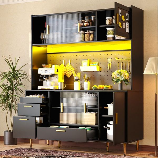 Flieks Küchenbuffet mit LED-Beleuchtung, Lochwand, Glas-Schiebetüren & Magnettür (Hochschrank mit Arbeitsplatte, 1-St, 140 x 40 x 180 cm) Küchenschrank mit Schubladen & verstellbarer Einlegeböden Schwarz