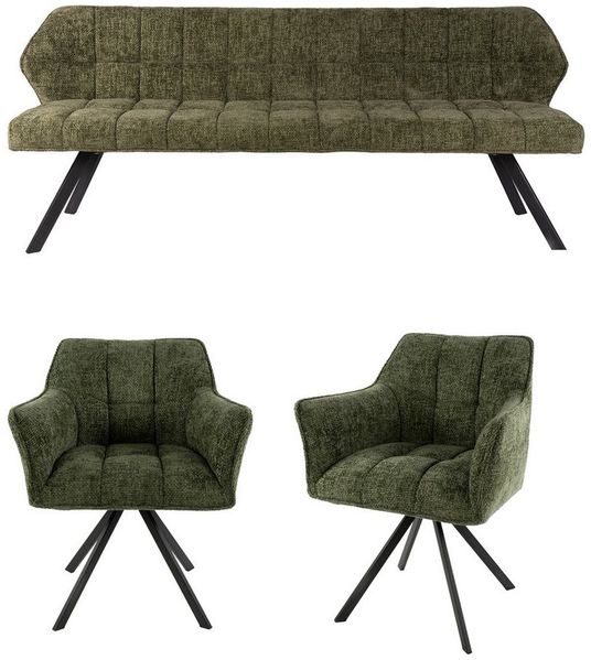 Vintagehaus Polsterbank Set Esstischbank Raster + 2 Armlehnstühle Samt oder Strukturstoff (3 teiliges Set), Frei im Raum aufstellbar