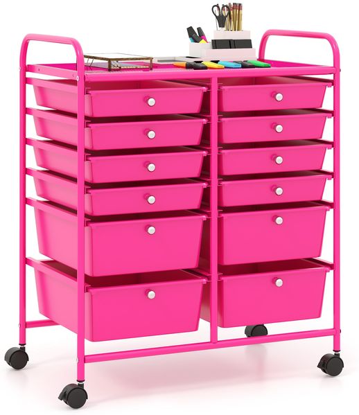 Rollwagen mit 12 stapelbaren Schubladen Schubladenwagen Rollcontainer mit Metallgestell und Ablagefläche Rosa