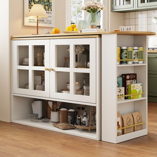 Flieks Bartisch 360° drehbar Stehtisch mit Sideboard (Länge 138-204 cm, 1-St, mit Regalen und verstellbare Einlegeböden), ausziehbar Esstisch mit 4 Türen Kommode Bistrotisch Mehrzweckschrank