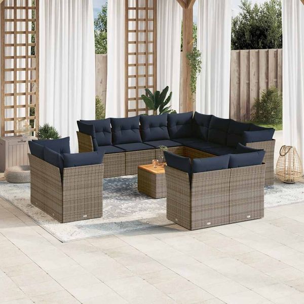 vidaXL 12-tlg. Garten-Sofagarnitur mit Kissen Grau Poly Rattan 3256278