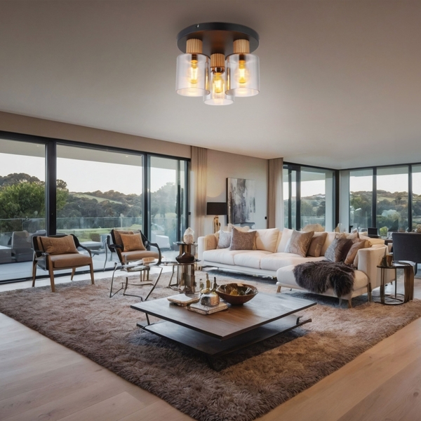 Deckenleuchte, 3-Flammig, Holz, Rauchglas, schwarz, D 30 cm Bild 4