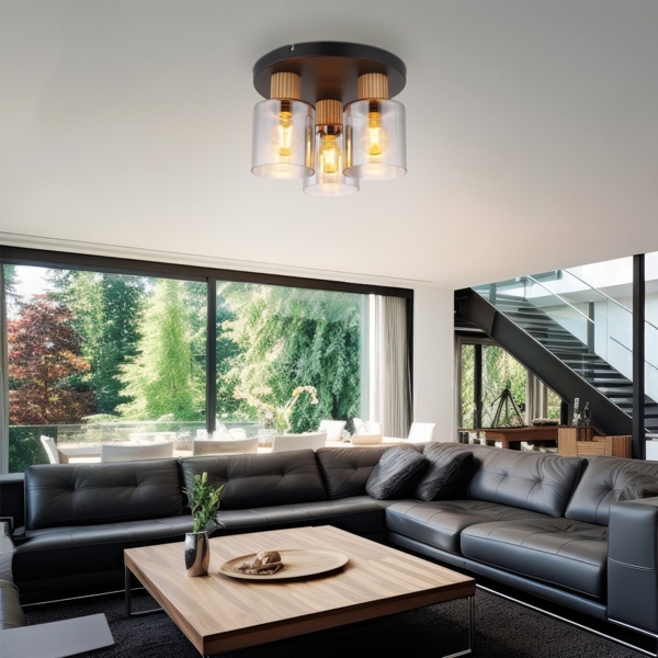 Deckenleuchte, 3-Flammig, Holz, Rauchglas, schwarz, D 30 cm Bild 3