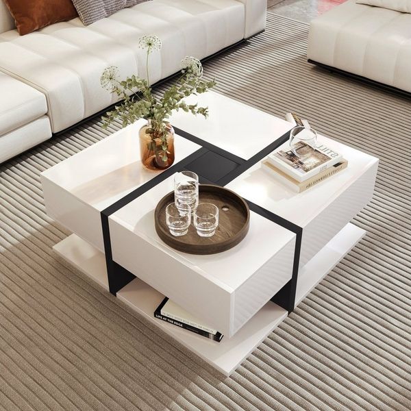 Merax Couchtisch mit versteckten Schubladen, Beistelltisch mit geometrische Design (1-St, 1 Tisch), Wohnzimmetisch mit Holzmaserung in eichefarbe, B/H/T: 78/36/78m