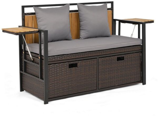 COSTWAY Gartenbank, Polyrattan mit Stauraum, klappbaren Seitenablagen & Kissen 120cm