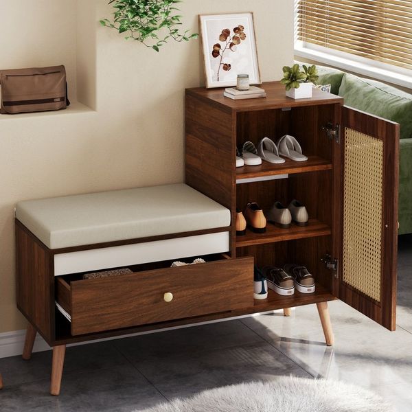 REDOM Schuhschrank Flurbank 95,5 x 80,5 x 35 cm mit Rattan-Design (Packung, 1-St, Inkl. Sitzkissen, Schubladen & Stauraumfach) Praktische offene Fächer für Schuhe & Accessoires