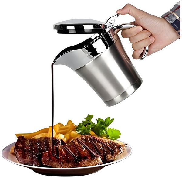 OSTWOLKE Sauciere Edelstahl Thermo-Sauciere 450ML, (1-tlg), Einhand-Bedienung, mit Klappdeckel