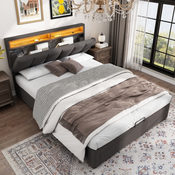 Polsterbett mit verstellbarer LED-Kopfteilbeleuchtung, hydraulischem Bettkasten und Schubladen, 144,5 x 203 x 96 cm, Grau, ohne Matratze