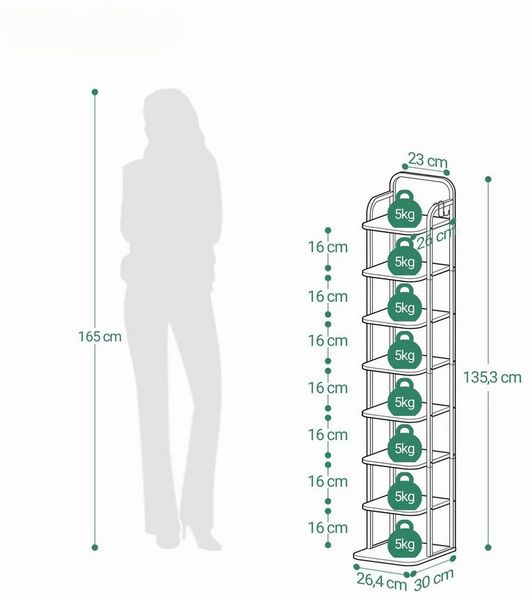 HZUANERI Schuhregal, Vertikal, 8 Etagen, für kleine Räume, 1-tlg, Freistehend, verstellbar, mit großem Stauraum
