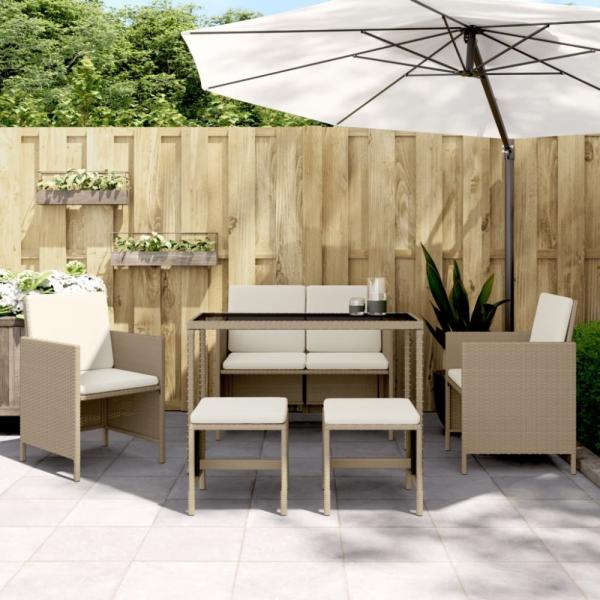 vidaXL 6-tlg. Garten-Essgruppe mit Kissen Beige Poly Rattan 363399