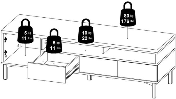 Dmora Fernsehschrank Rosata, Ständer für Wohnzimmerfernseher, Niedriges Wohnzimmer-Sideboard, TV-Ständerbasis, 156x48 h48 cm, Weiß und Eiche Bild 10
