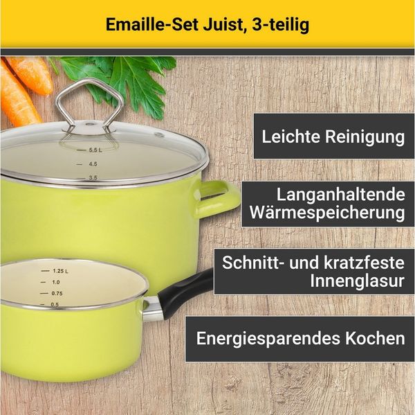 Krüger Topf-Set Emaille Topfset Juist, Emaille (Set, 5-tlg, Fleischtopf Ø 16 + Ø 20 cm mit Deckel, Stieltopf Ø 16 cm), mit Literskala, schnitt- & kratzfest, spülmaschinengeeignet