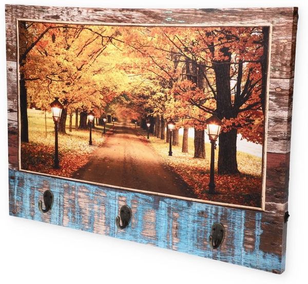 GarPet Schlüsselbrett LED Schlüsselboard Flur Leinwand Holz Schlüssel Brett Halter Garderobe