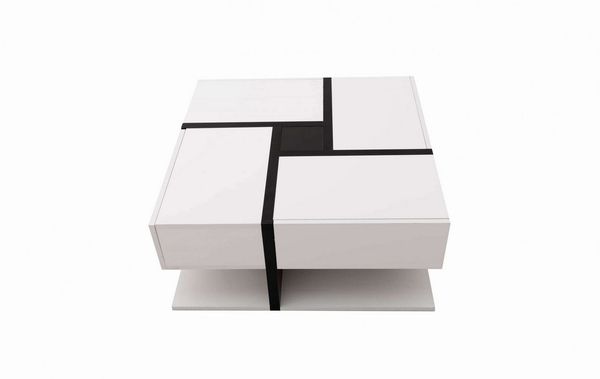 BBWL Couchtisch Hochglanz-Couchtisch 78x78 cm in Weiß/Schwarz,4 Schubladen& Ablagefach (modernes Farb-/Liniendesign, quadratischer Wohnzimmertisch mit Stauraum & Hochglanzfolie)