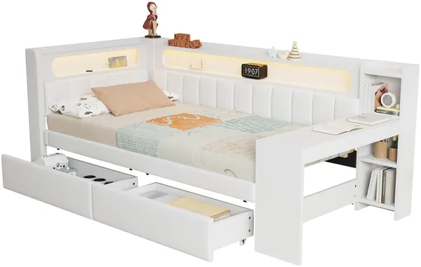 Stauraumbett mit gepolstertem Kopfteil, Schreibtisch und LED-Beleuchtung (90x200cm, Lattenrost, Regal, Schubladen, USB und Type-C), Einzelbett