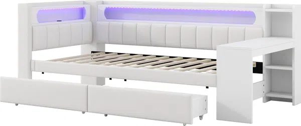 Stauraumbett mit gepolstertem Kopfteil, Schreibtisch und LED-Beleuchtung (90x200cm, Lattenrost, Regal, Schubladen, USB und Type-C), Einzelbett Bild 7