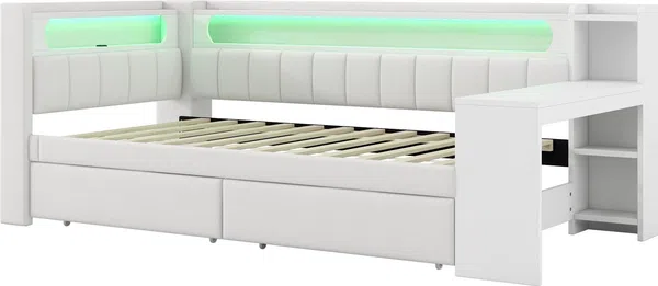 Stauraumbett mit gepolstertem Kopfteil, Schreibtisch und LED-Beleuchtung (90x200cm, Lattenrost, Regal, Schubladen, USB und Type-C), Einzelbett Bild 8