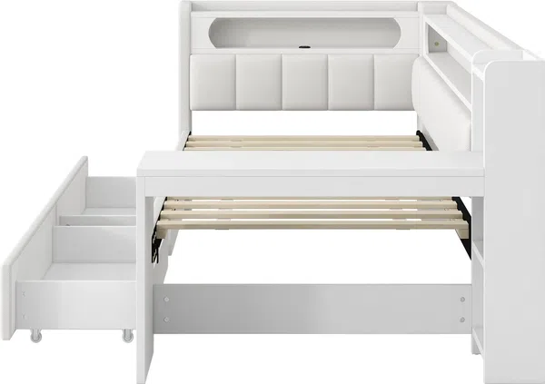 Stauraumbett mit gepolstertem Kopfteil, Schreibtisch und LED-Beleuchtung (90x200cm, Lattenrost, Regal, Schubladen, USB und Type-C), Einzelbett Bild 9