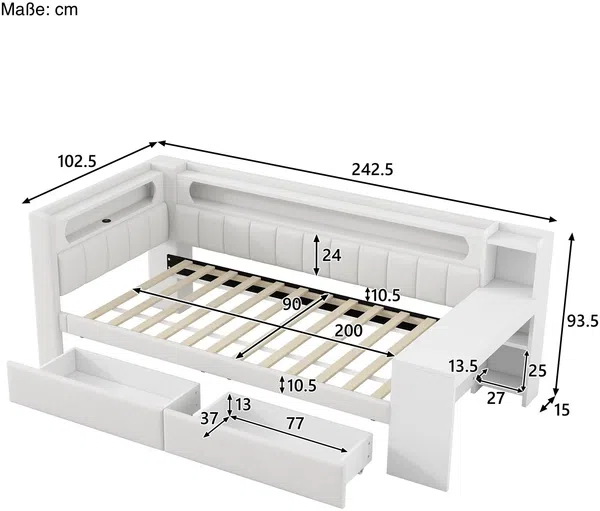 Stauraumbett mit gepolstertem Kopfteil, Schreibtisch und LED-Beleuchtung (90x200cm, Lattenrost, Regal, Schubladen, USB und Type-C), Einzelbett Bild 6