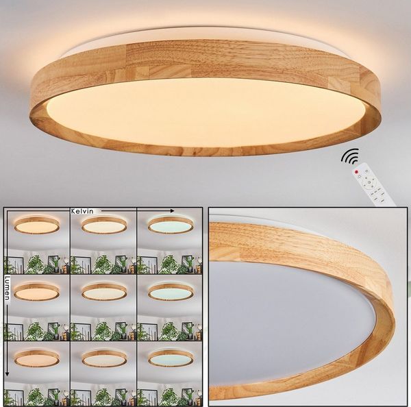 hofstein Deckenleuchte dimmbare Deckenlampe a. Metall/Holz/Kunststoff in Weiß/Natur (40 cm), LED wechselbar, 3000-6000 Kelvin, LED 2500 Lumen, 3000-6000 Kelvin, dimmbar mit Fernbedienung