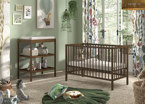 DINO Baby Set best. aus Babybett und Wickelregal, Buche massiv Farbe Nussbaum
