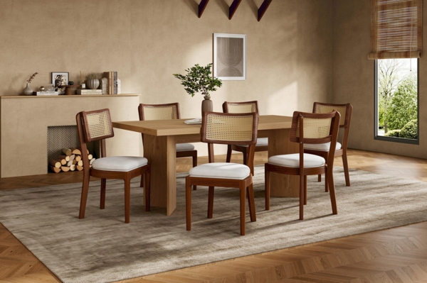 Merax 4 Esszimmerstühle, 4er-Set, Polsterstühle aus Massivholz mit Rattan-Rückenlehnen, bequem und atmungsaktiv, Nussbaum Bild 8