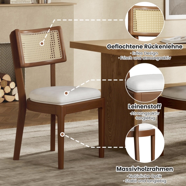 Merax 4 Esszimmerstühle, 4er-Set, Polsterstühle aus Massivholz mit Rattan-Rückenlehnen, bequem und atmungsaktiv, Nussbaum Bild 9