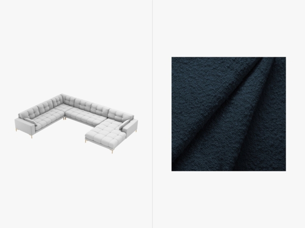 Micadoni Wohnlandschaft Mamaia 7-Sitzer Links Boucle Baloo Dunkelblau goldene Beine