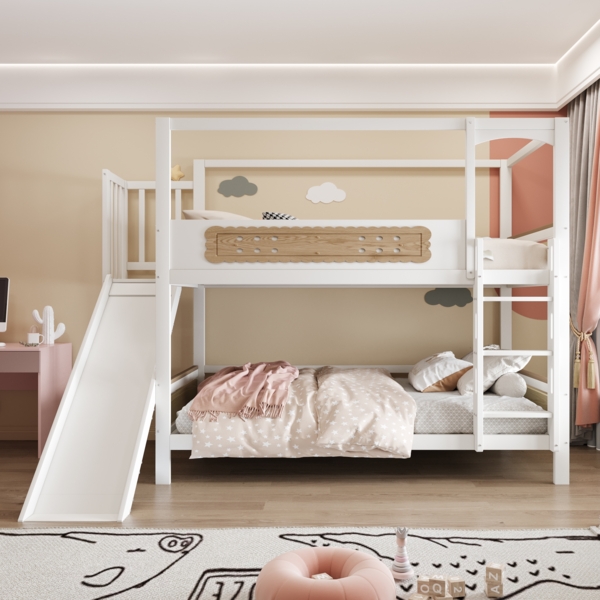 Merax Etagenbett Kinderbett 90*200 cm Jugendbett Einzelbett Mit hausförmigem Bettrahmen, keksförmigen Schutzgittern, Rutsche und extrabreiter Sicherheitsleiter, Holzfarbe