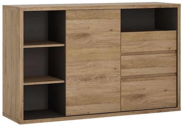 Lomadox Sideboard SELMA-129, in Eiche mit offenen Fächern, grifflose Türen und Schubkästen