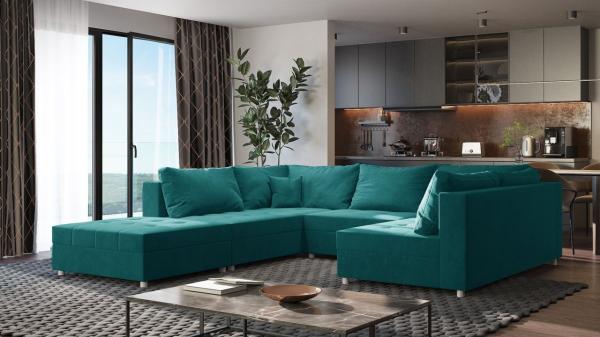 Wohnlandschaft Sofa ANDRO Schlaffunktion und Hocker Stoff Fresh Dunkeltürkis